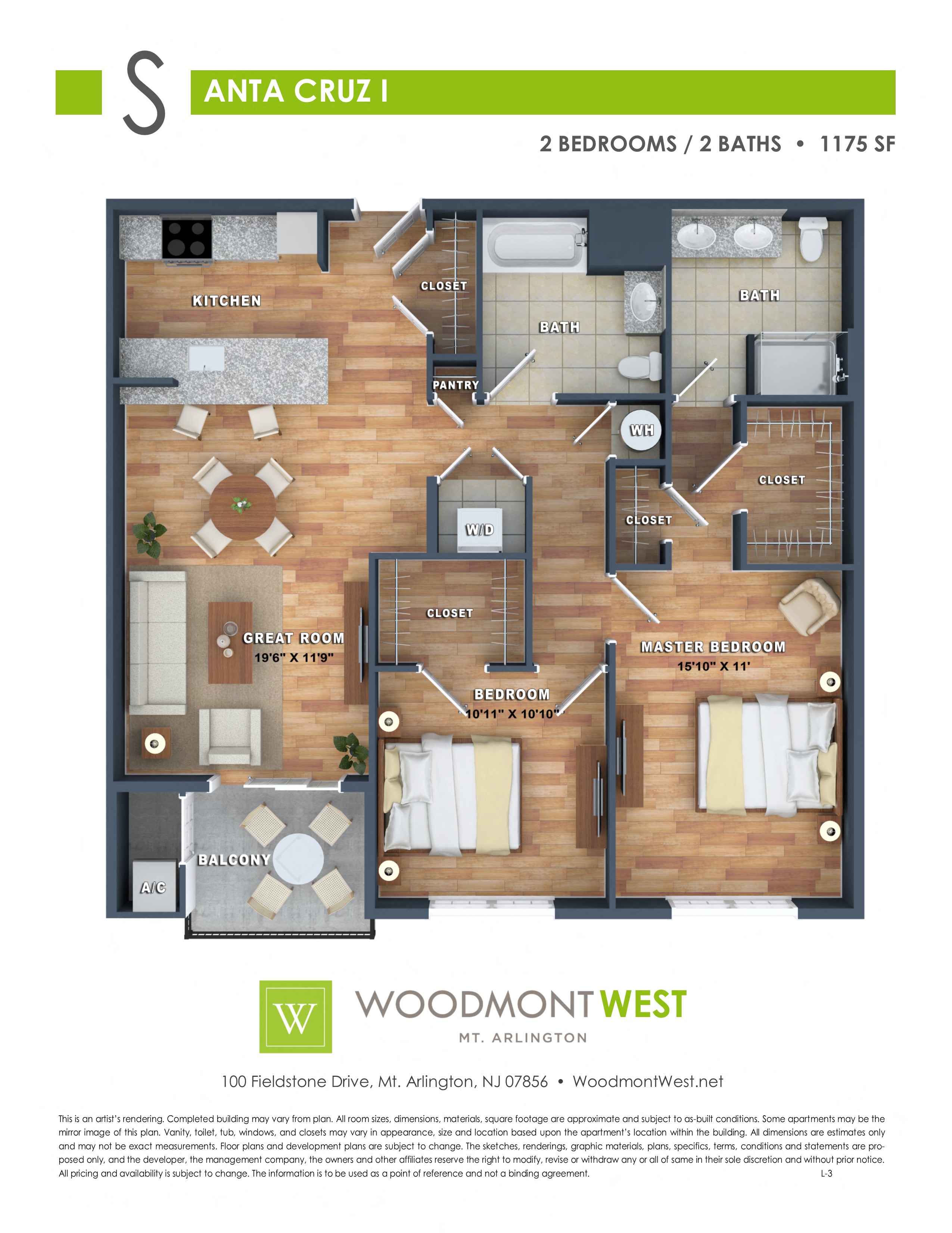 Floor plan for 2 beds, 2 baths, 1175 sqft